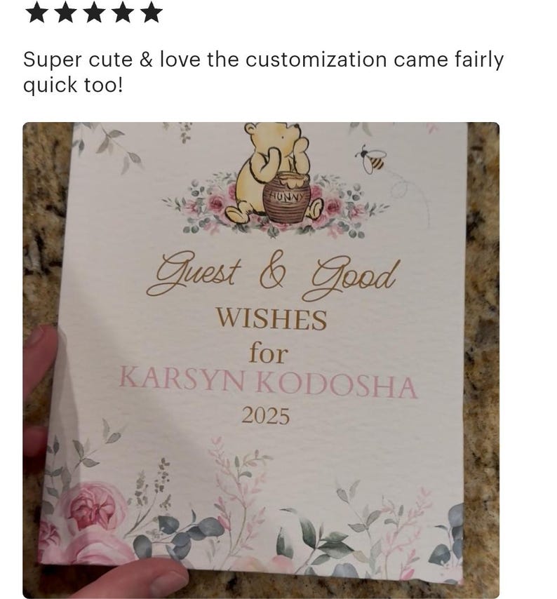 Winnie The Pooh Baby shower Guest Book, Classic Pink Baby girl shower decor, Wishes for baby Guestbook, Pink flowers Baby shower theme image 2