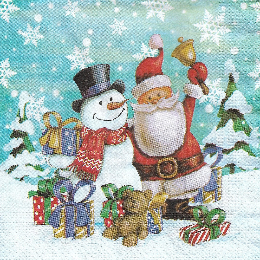 Christmas Paper Napkins X 2 Snowman and Santa Claus Paper Etsy