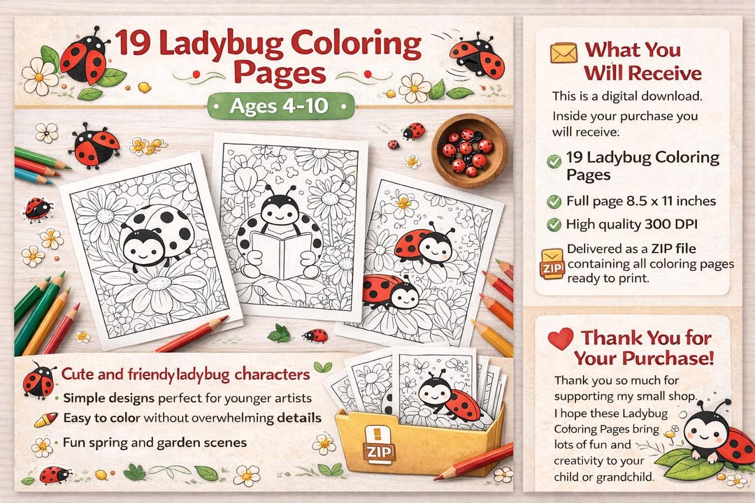 Ladybug Coloring Pages for Kids | Spring Garden Activity (digital ...