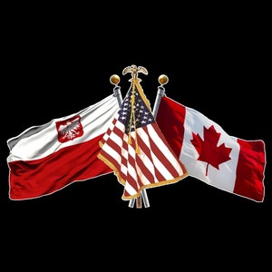 Calcomanía adhesiva con tres banderas cruzadas de Polonia, Estados Unidos y Canadá