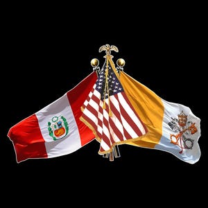 Peru, US and Vatican 3 Crossed Flags Decal Sticker - Peruvian, United States and Vatican 2 Crossed Flags for Pope Leo XIV