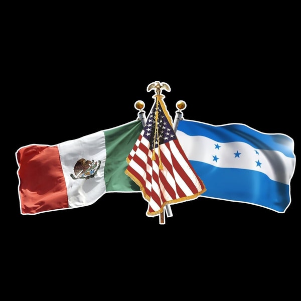 Mexico, US and Honduras Crossed Flags - 3 Flags - Mexican United States Honduras