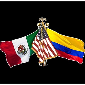 Mexico US / USA and Colombian Crossed Flags - Mexican United States / American and Colombia Flag Sticker Decal