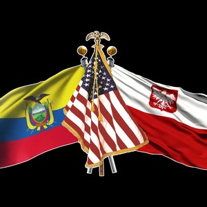 Ecuador, US and Poland 3 Crossed Flags Decal Sticker - Ecuadorian, United States Polish Crossed Flags