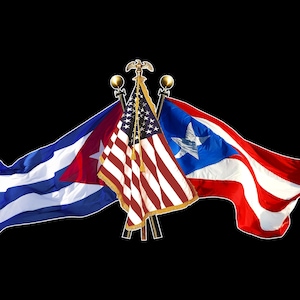 Cuba US and Puerto Rico Crossed Flags - Cuban American and Puerto Rico 3 crossed flags Sticker Decal
