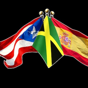 Puerto Rico Jamaica and Spain 3 Crossed Flags Sticker Decal