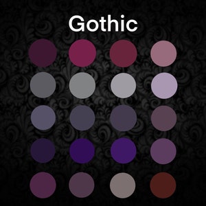 May include: A color palette labeled "Gothic" featuring sixteen circular color swatches in shades of purple, gray, and brown. The background is a dark, patterned design. The text "Gothic" is in white.