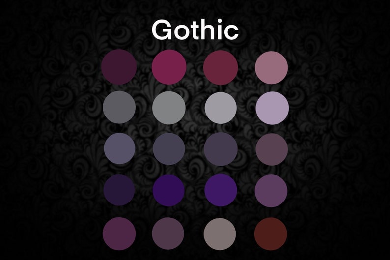 May include: A color palette labeled "Gothic" featuring sixteen circular color swatches in shades of purple, gray, and brown. The background is a dark, patterned design. The text "Gothic" is in white.