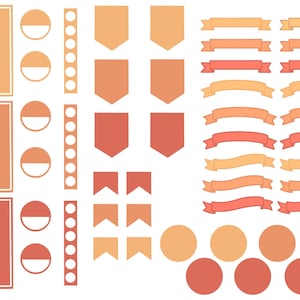 May include: A set of printable planner stickers in various shapes and sizes. The stickers are in shades of orange, peach, and red. The set includes circles, squares, banners, and flags.