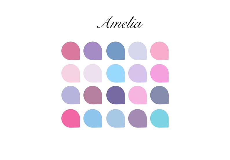 May include: A color palette with 18 teardrop-shaped swatches in shades of pink, purple, and blue. The word "Amelia" is written in cursive at the top of the image.