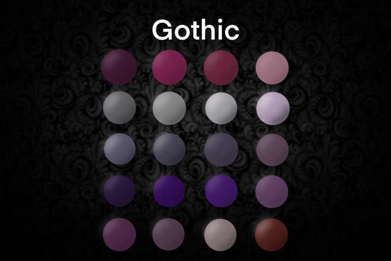 May include: A color palette titled "Gothic" featuring sixteen circular color swatches in shades of purple, gray, and brown. The background is a dark, patterned design. The word "Gothic" is displayed in white text at the top.