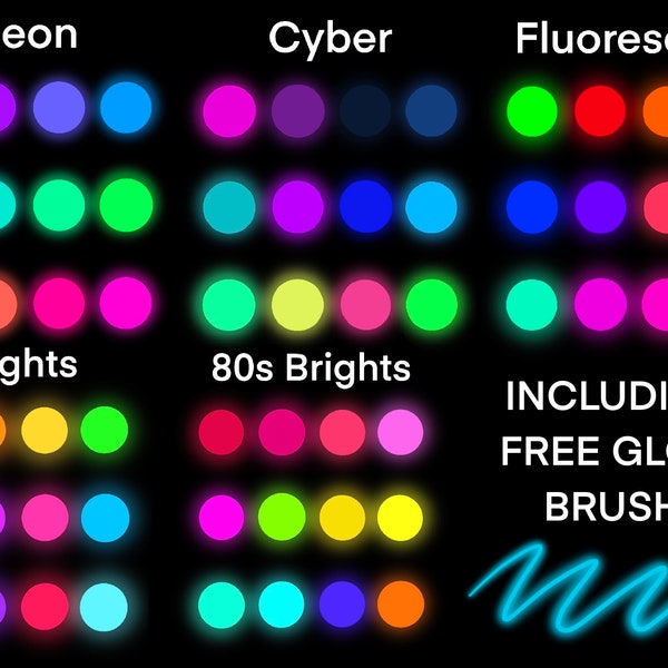 Neon Procreate Color Palette Bundle & Glow Brush | *DIGITAL DOWNLOAD* | Bright Color Palette | Neon Color Palette | Cyber Color Palette |