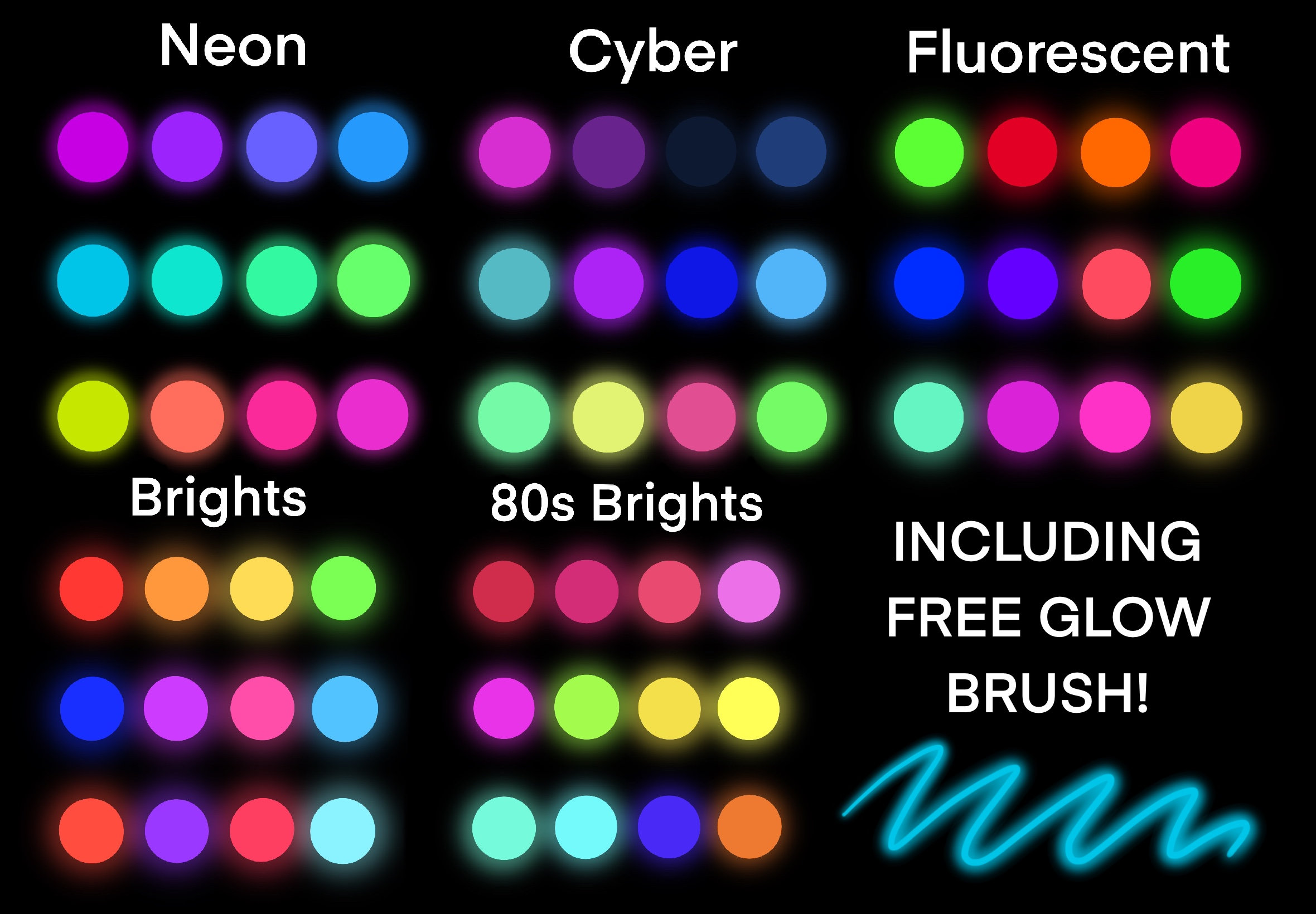 Neon Procreate Color Palette Bundle And Glow Brush Digital Etsy