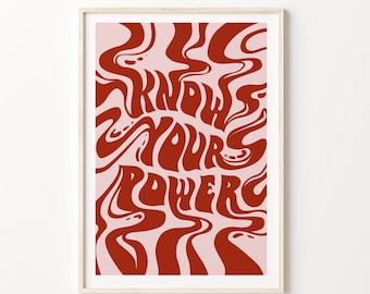 ART PRINT / Wall Art Know Your Power / Groovy Digital Art Design / Pink Red Modern Art