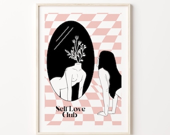 ART PRINT Self Love Club  / Digital Art Illustration / Wall Art Decor / Girl in Mirror / Minimalistic Edgy Feminist Art