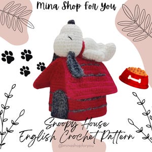 Può includere: Uno schema all'uncinetto per una casa Snoopy rossa e bianca con un cane Snoopy in crochet bianco sdraiato sopra. Lo schema si chiama "Snoopy House English Crochet Pattern" ed è disponibile nel negozio Etsy Mina Shop for You.