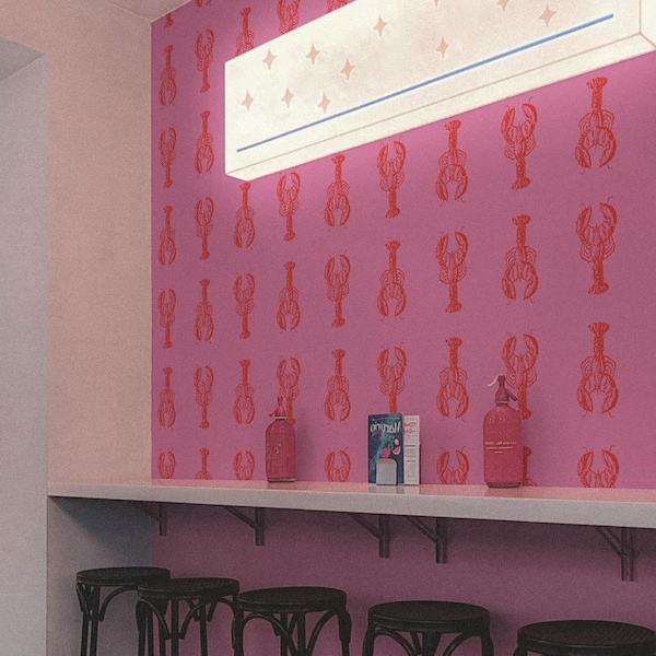Retro Lobster Peel and Stick Wallpaper, Pink Beach House Mural 128