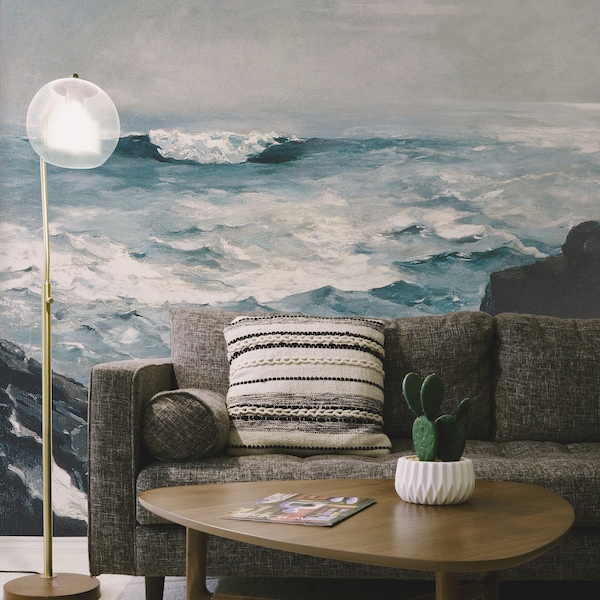 Stormy ocean removable wallpaper, Raging sea vintage painting wall mural #35