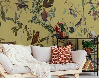Vintage-inspired bird motif peel and stick wallpaper, Bedroom botanical wall decor #81