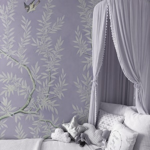 Lavender Botanical Wallpaper, Chinoiserie peel and stick mural, Pastel Wall Art, Floral wallpaper, Nursery room decor #163