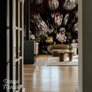 Dark bouquet wallpaper, Baroque bouquets removable wall mural, Dark academia, Flowers wallpaper, Glamour bedroom #156