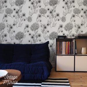 Black and white floral wallpaper, Minimalist botanical wallpaper, Line art flower wallpaper, Black and white bedroom decor #89