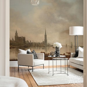 Classic Landscape Wallpaper, Vintage Dutch Masters Painting, River Cityscape, Peel & Stick Removable Historic Mural 165