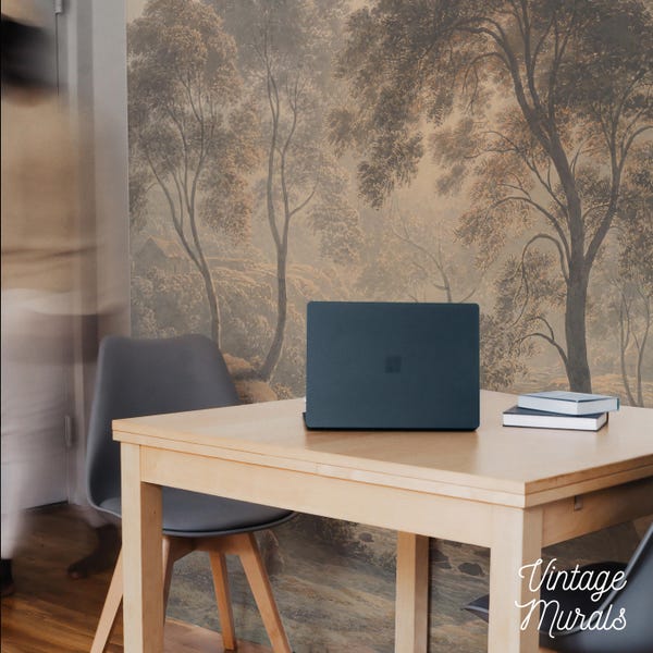 Misty sepia landscape peel and stick wallpaper, Vintage painting wall decor #83