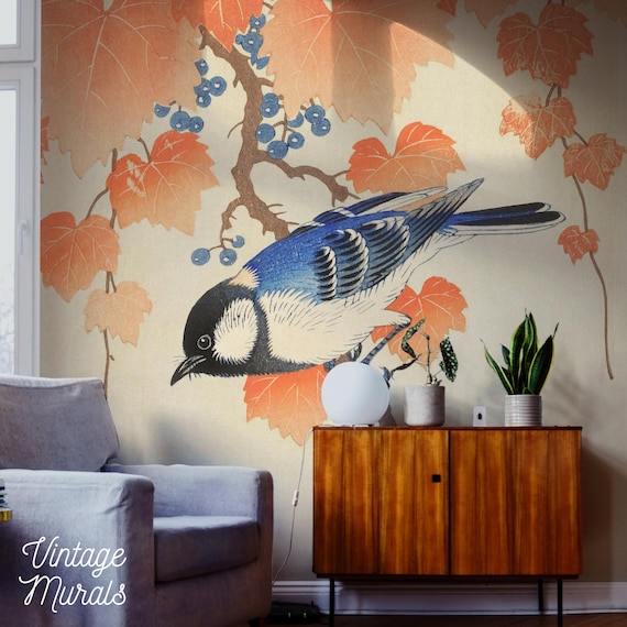 Japanese Bird Wallpaper, Ukiyoe Style Mural, Peel and Stick 42