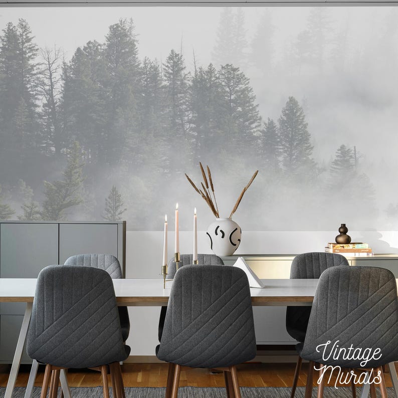 Foggy Forest Removable Wallpaper, Misty Trees Accent Wall Decor 82 image 2