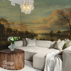 Vintage Dutch Landscape Wallpaper, Pastoral River Scene at Sunset, Classic Old Master Painting, Farmhouse Wall Mural 178