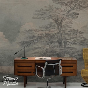Moody Watercolor tree removable wallpaper, Bedroom rural painting #98