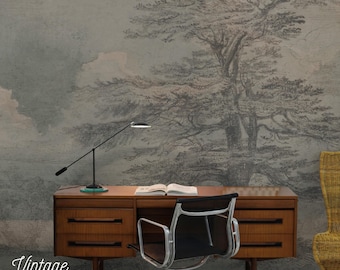 Moody Watercolor tree removable wallpaper, Bedroom rural painting #98