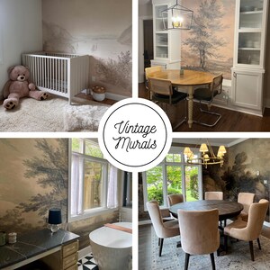 a collage of photos of a baby's room with a crib,