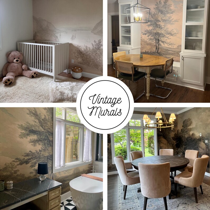 a collage of photos of a baby's room with a crib,