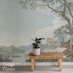 Serene tree and river peel and stick wall mural, Pastel landscape room decor #63