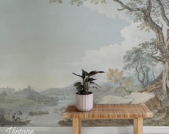Serene tree and river peel and stick wall mural, Pastel landscape room decor #63