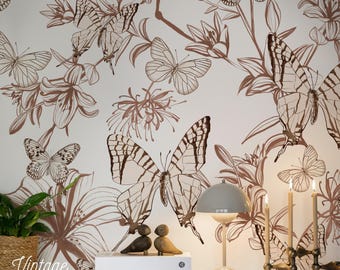 Butterfly Botanical Wallpaper, Vintage Floral Wall Mural 122