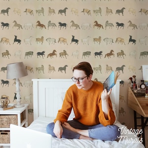 Beige Group of Horses Animals Wallpaper Peel and Stick Removable Wall Sticker Bedroom Self Adhesive Wall Sticker Decoration Art Mural #152