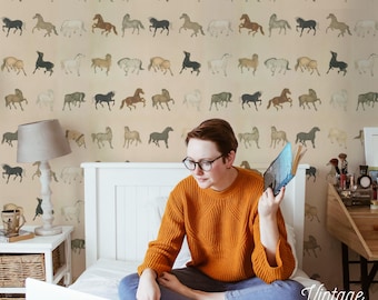 Vintage Horse Sketch Wallpaper: Neutral Equestrian Peel and Stick Mural
