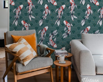 Koi fish with waves peel and stick wallpaper, Japanese home decor, Zen wallcovering 134