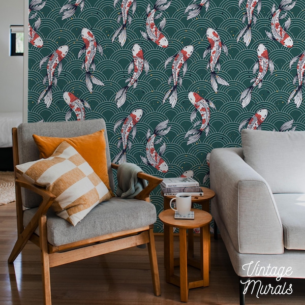 Koi fish with waves peel and stick wallpaper, Japanese home decor, Zen wallcovering 134