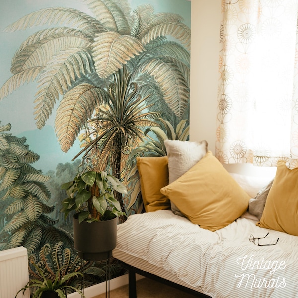 Tropical Palm Jungle Wallpaper, Exotic Fern Mural, Self-Adhesive 52