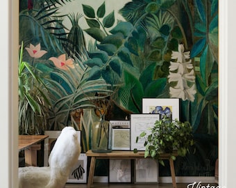 Enchanting secret jungle emerald wall mural, Henri Rousseau tropical reproduction, Botanical wallpaper #24
