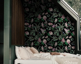 Vintage Dark Floral Wallpaper, Garden Wall Mural, Peel and Stick 77