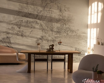Vintage Landscape Peel and Stick Wallpaper, Pencil Drawn Mural 75