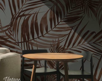 Dark Tropical Leaves Peel and Stick Wallpaper, Exotic Palm Mural 81