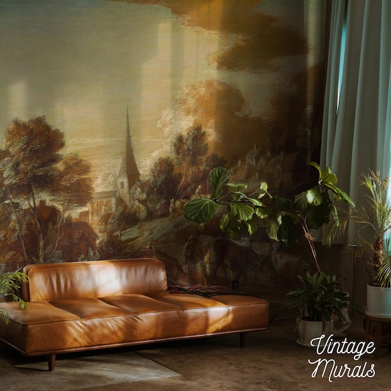 Vintage Village Landscape Wallpaper, Pastoral Wall Art, Self-Adhesive 40