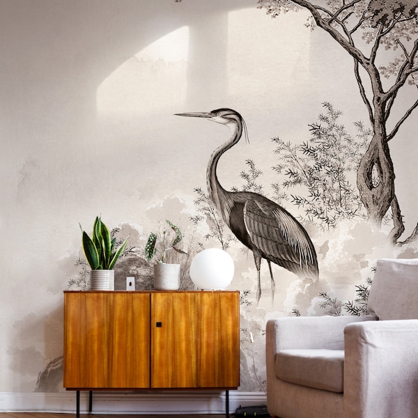 Japanese crane wallpaper for glamour room, Watercolor selfadhesive material #78