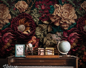 Dark Victorian Bouquet Peony Flowers, Removable Wall Decor, Temporary Baroque Wallpaper 187